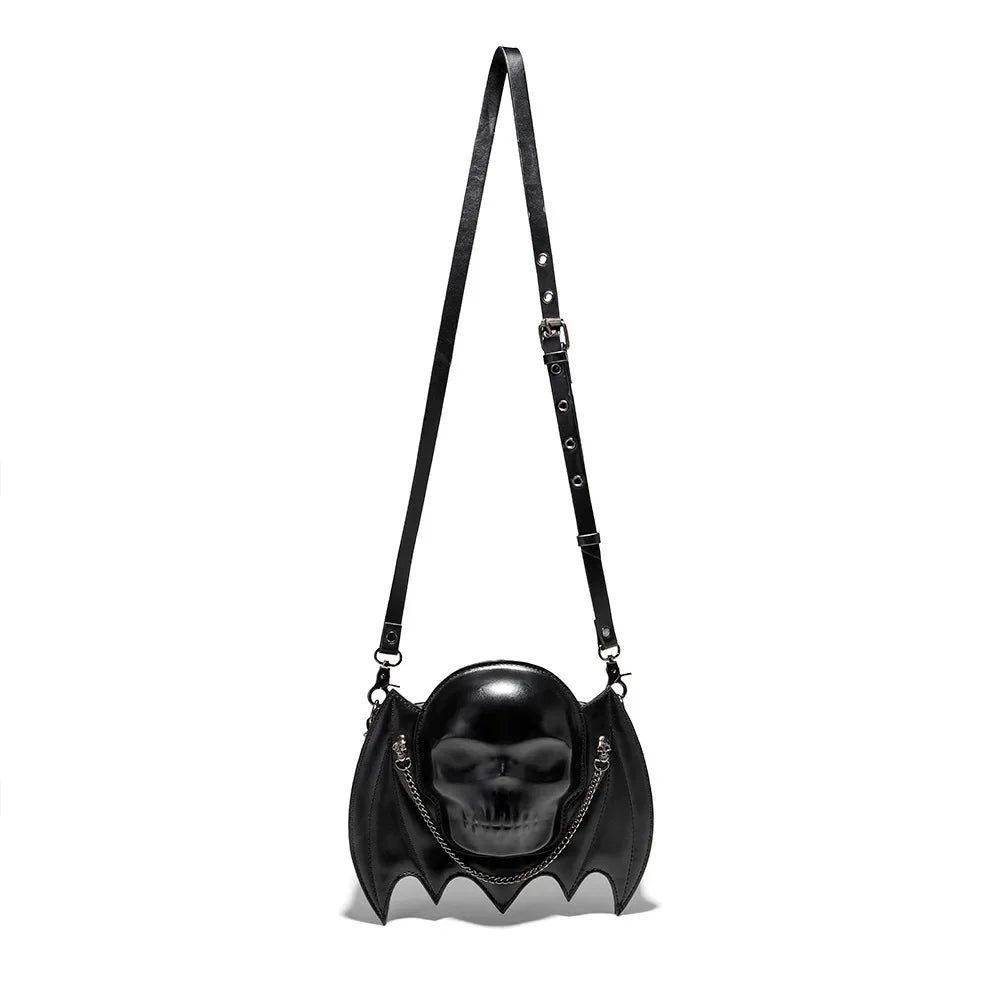 Gothic Punk Skull Handbag with Bat Wings - Adjustable Crossbody Purse for Halloween