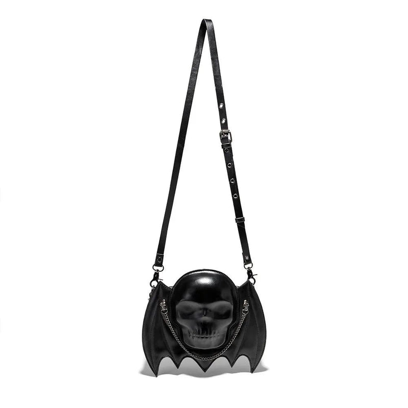 Gothic Punk Skull Handbag with Bat Wings - Adjustable Crossbody Purse for Halloween