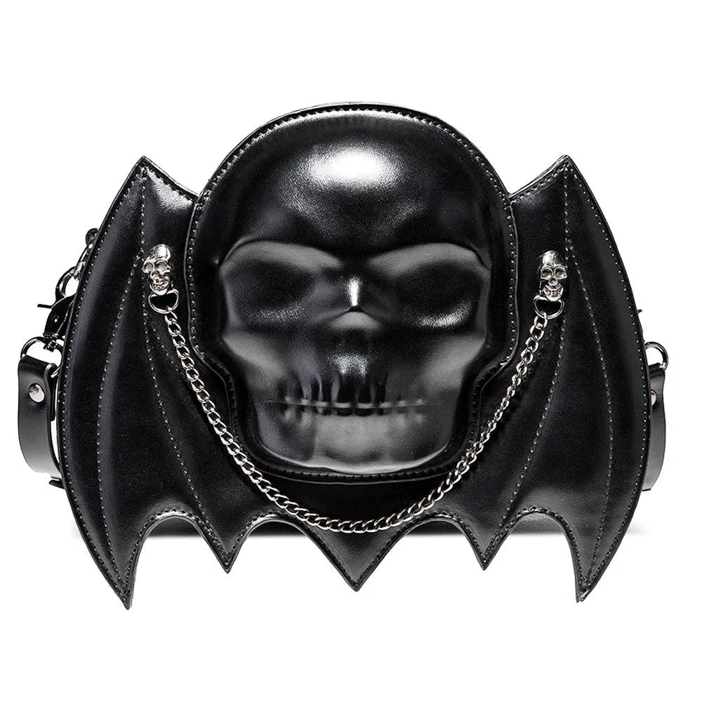 Gothic Punk Skull Handbag with Bat Wings - Adjustable Crossbody Purse for Halloween