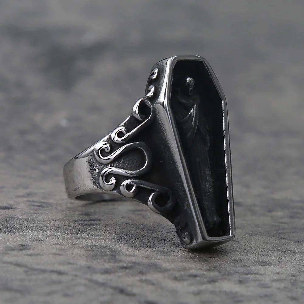 Gothic Punk Zombie Vampire Skull Biker Ring for Men - Black Stainless Steel Coffin Style Jewelry