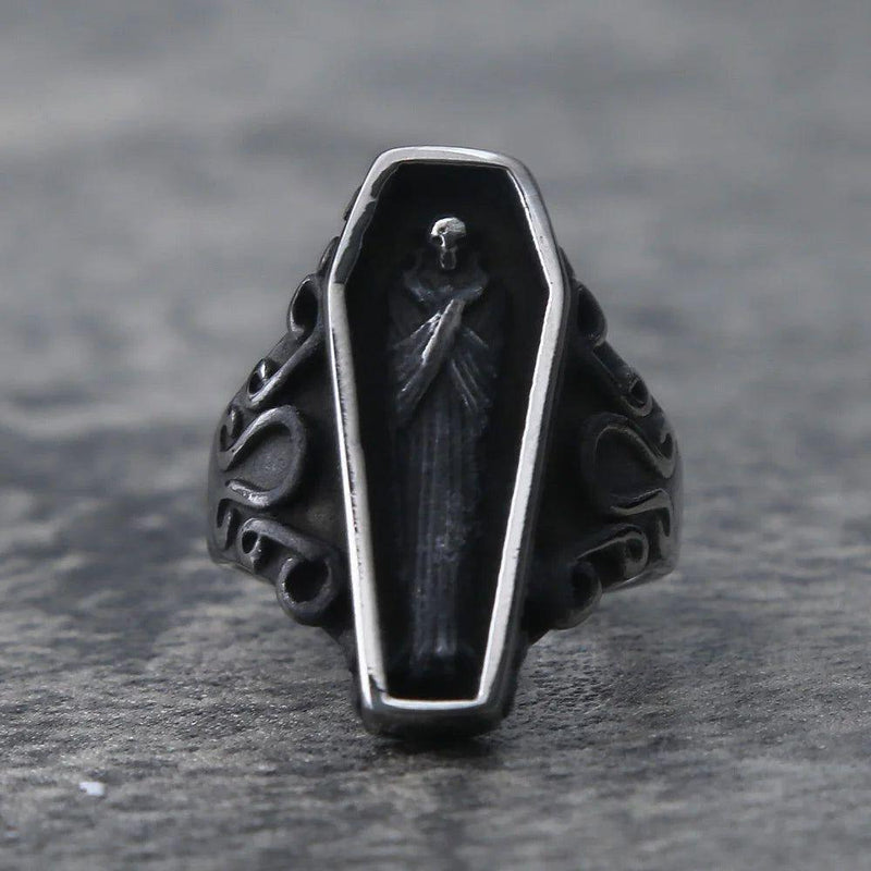 Gothic Punk Zombie Vampire Skull Biker Ring for Men - Black Stainless Steel Coffin Style Jewelry