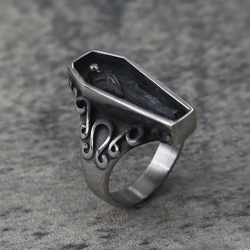 Gothic Punk Zombie Vampire Skull Biker Ring for Men - Black Stainless Steel Coffin Style Jewelry