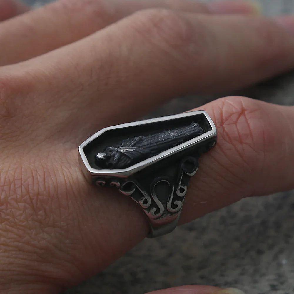 Gothic Punk Zombie Vampire Skull Biker Ring for Men - Black Stainless Steel Coffin Style Jewelry