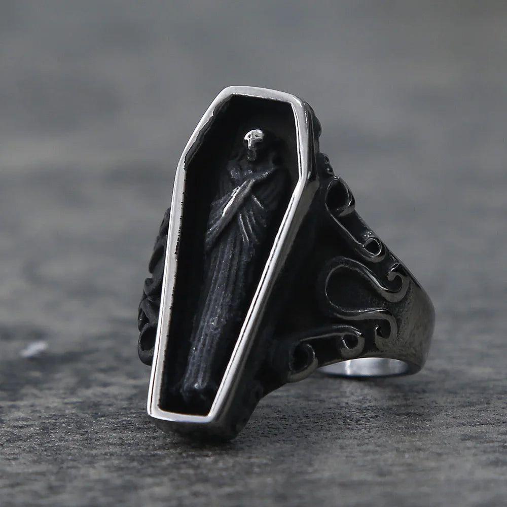 Gothic Punk Zombie Vampire Skull Biker Ring for Men - Black Stainless Steel Coffin Style Jewelry