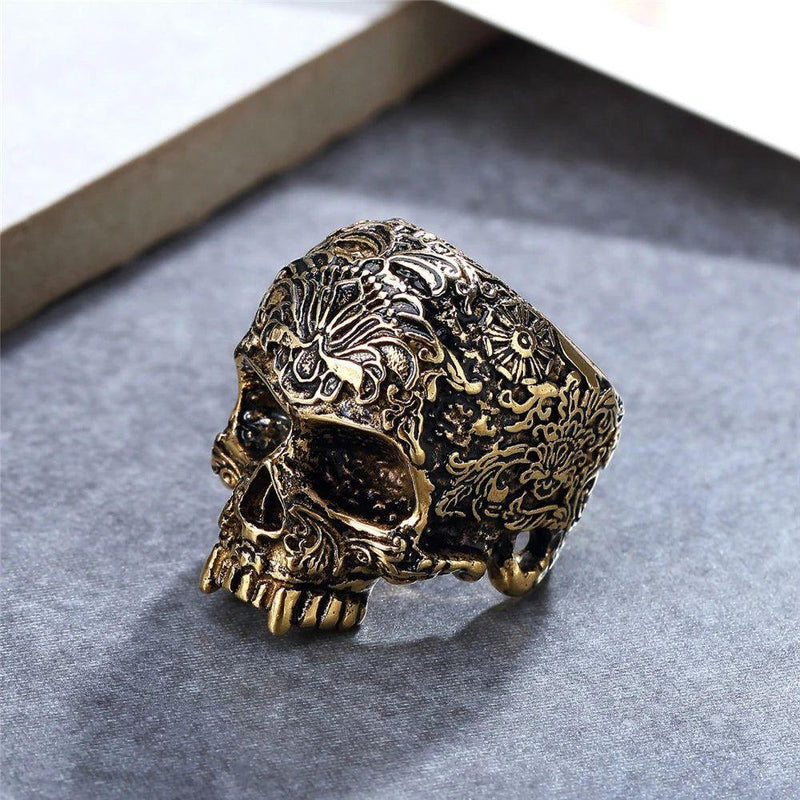 Gothic Stainless Steel Skull Ring with Floral Design for Men and Women - Punk Biker Jewelry