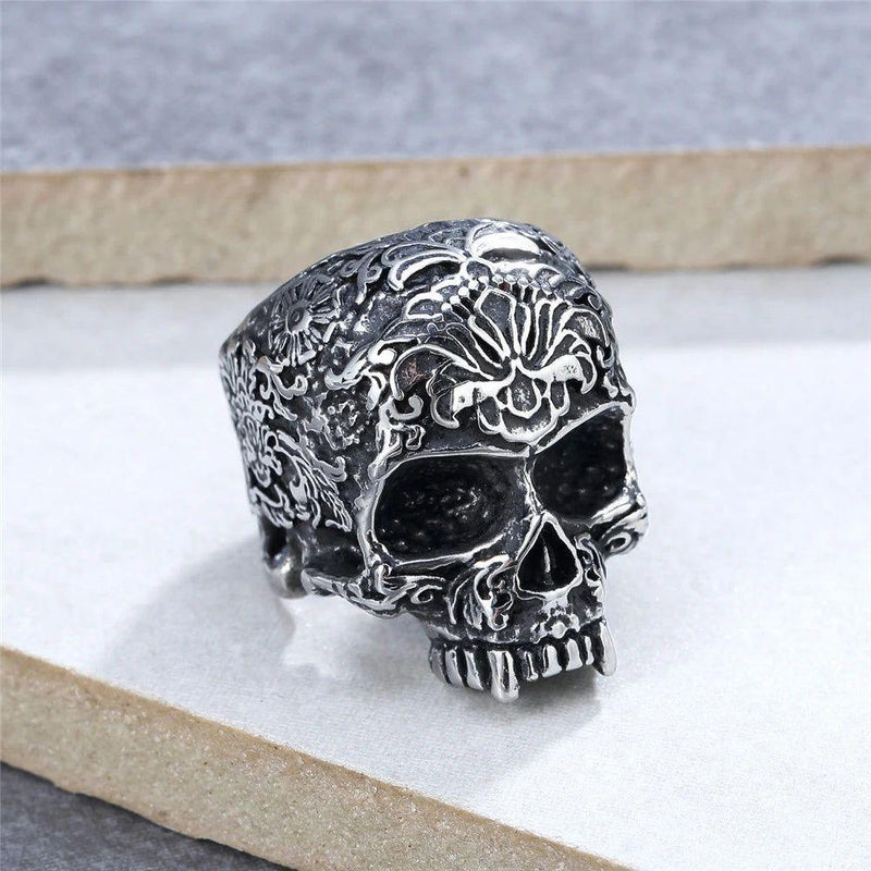 Gothic Stainless Steel Skull Ring with Floral Design for Men and Women - Punk Biker Jewelry