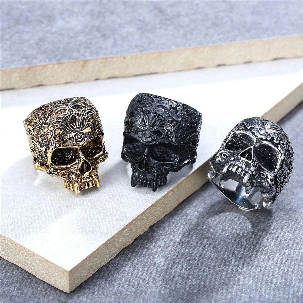 Gothic Stainless Steel Skull Ring with Floral Design for Men and Women - Punk Biker Jewelry