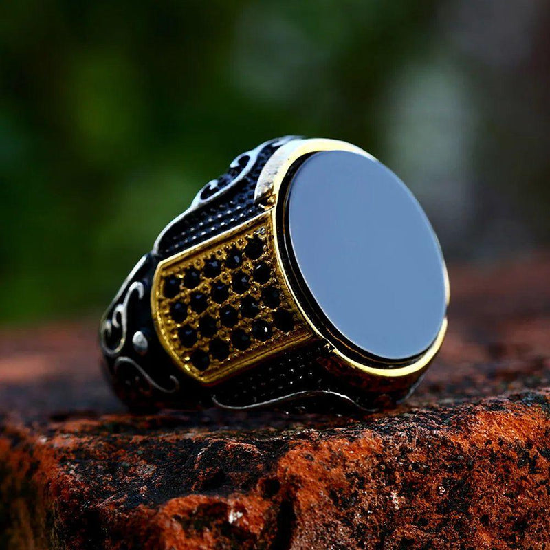 Gothic Vintage Gold and Black Stone Stainless Steel Ring for Men - Punk Biker Fashion Jewelry