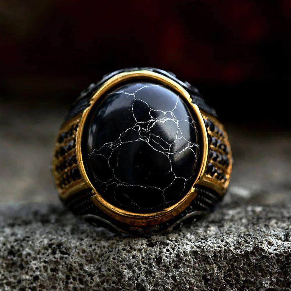 Gothic Vintage Gold and Black Stone Stainless Steel Ring for Men - Punk Biker Fashion Jewelry