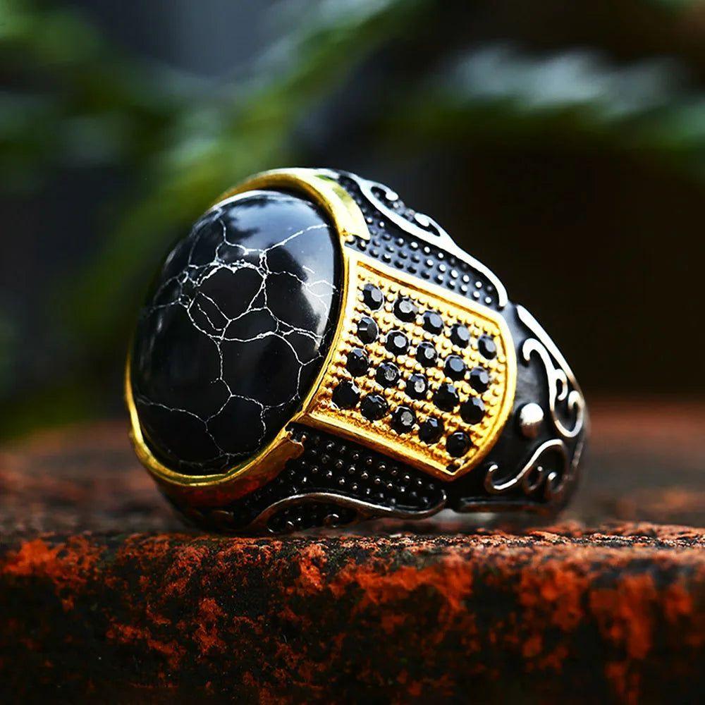 Gothic Vintage Gold and Black Stone Stainless Steel Ring for Men - Punk Biker Fashion Jewelry