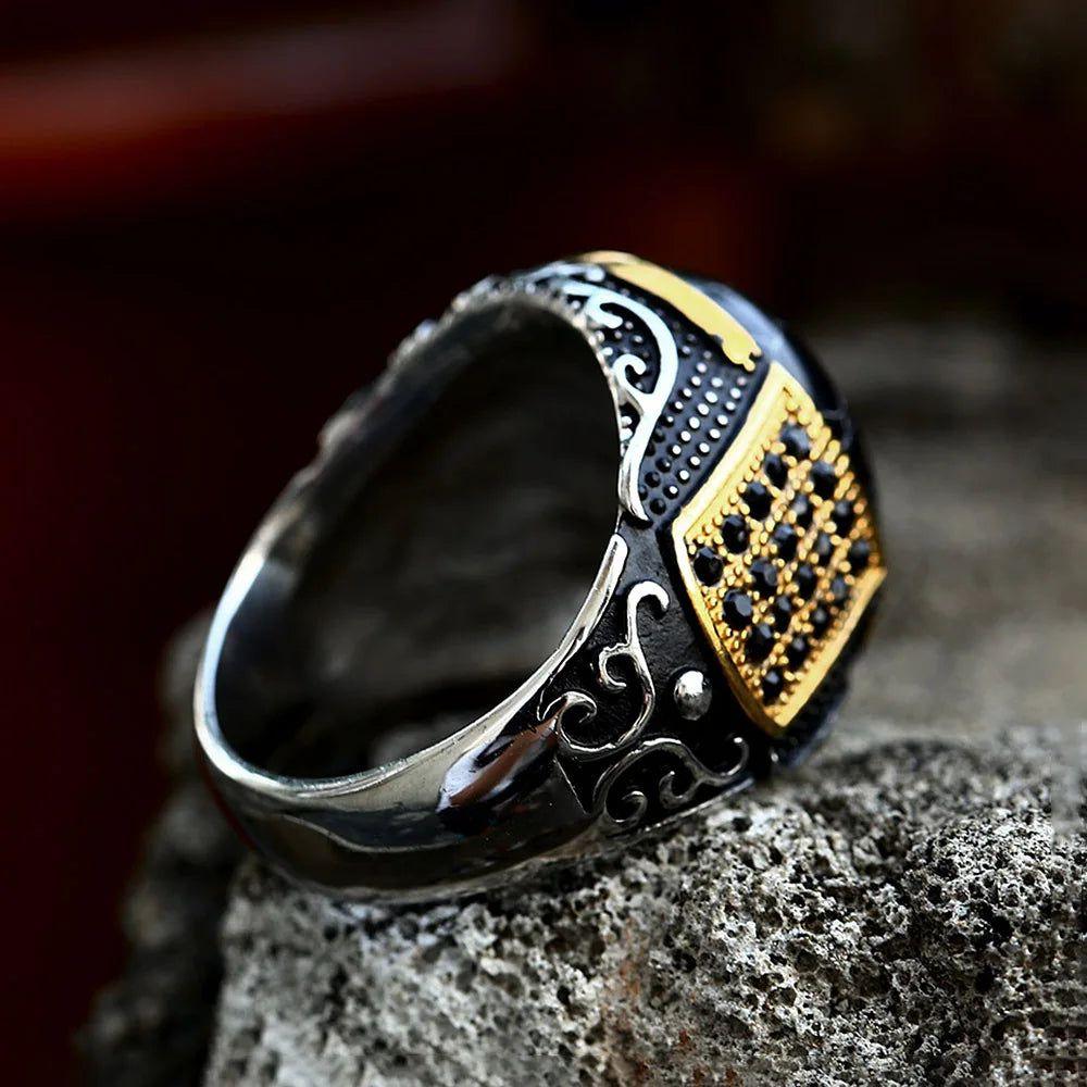 Gothic Vintage Gold and Black Stone Stainless Steel Ring for Men - Punk Biker Fashion Jewelry