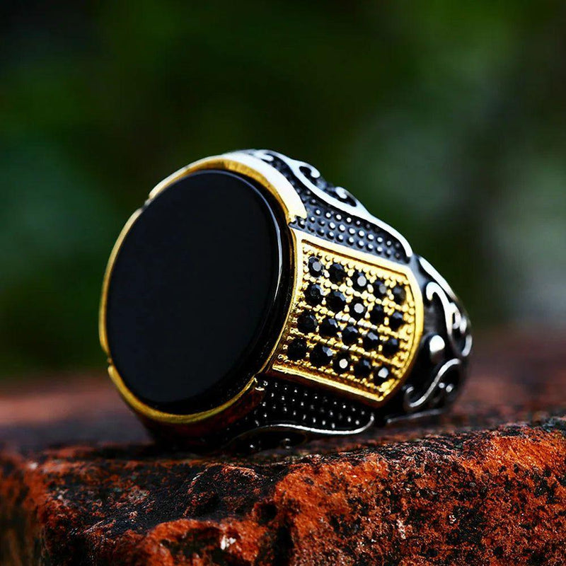 Gothic Vintage Gold and Black Stone Stainless Steel Ring for Men - Punk Biker Fashion Jewelry