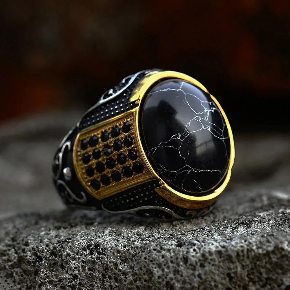 Gothic Vintage Gold and Black Stone Stainless Steel Ring for Men - Punk Biker Fashion Jewelry