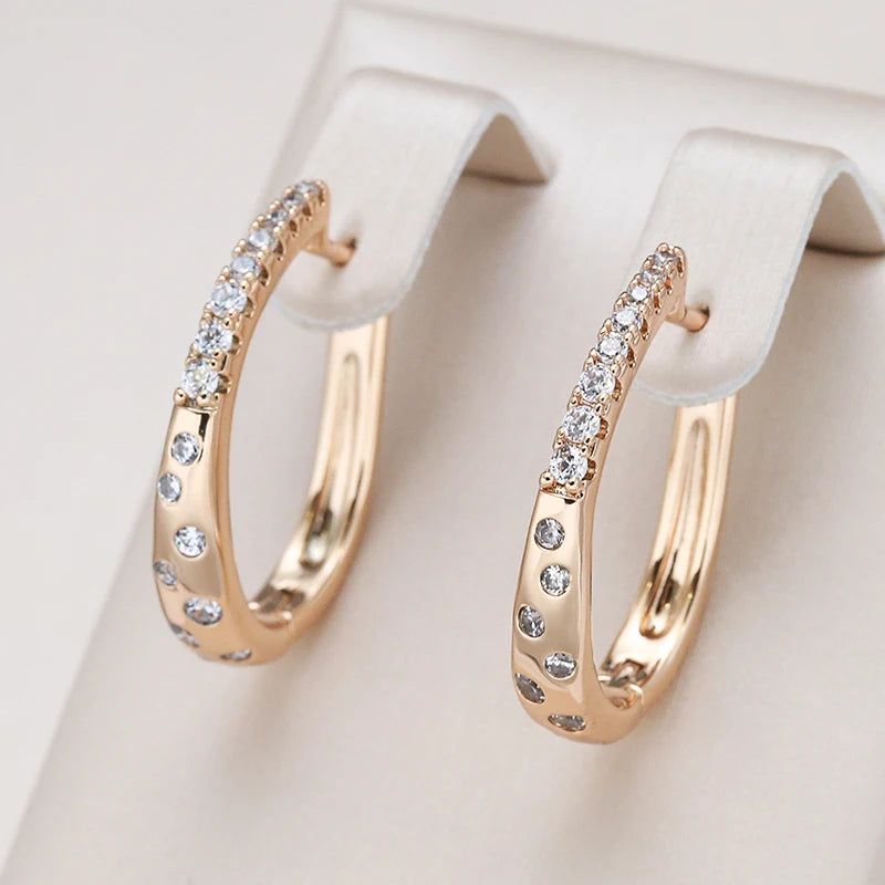 Graceful 585 Rose Gold Hoop Earrings with Natural Zircon - High-Quality Fashion Jewelry