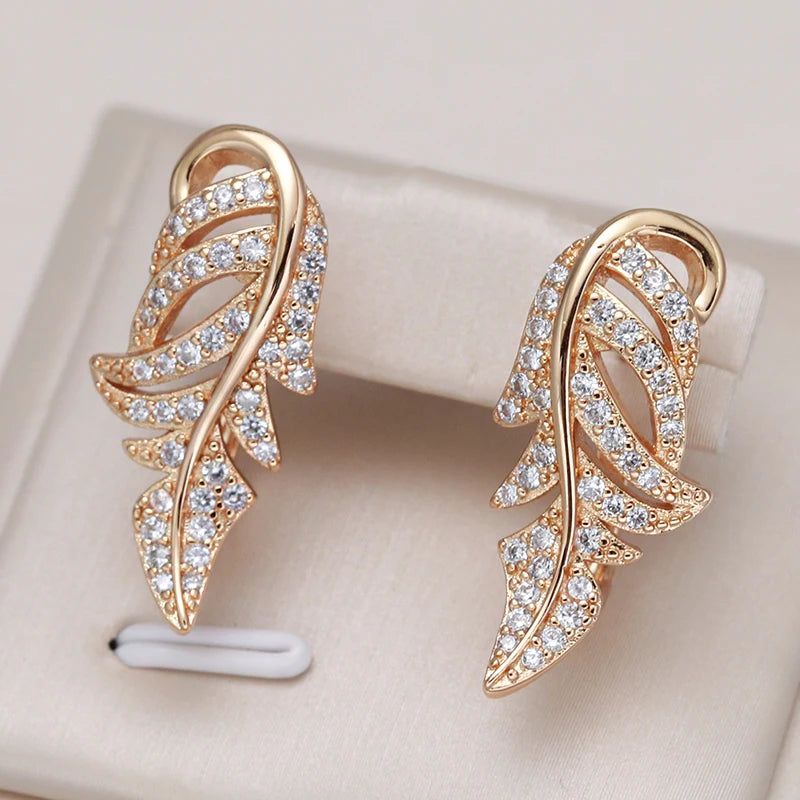 Graceful 585 Rose Gold Leaf Stud Earrings with Micro-Wax Inlay and Natural Zircon for Bridal Elegance