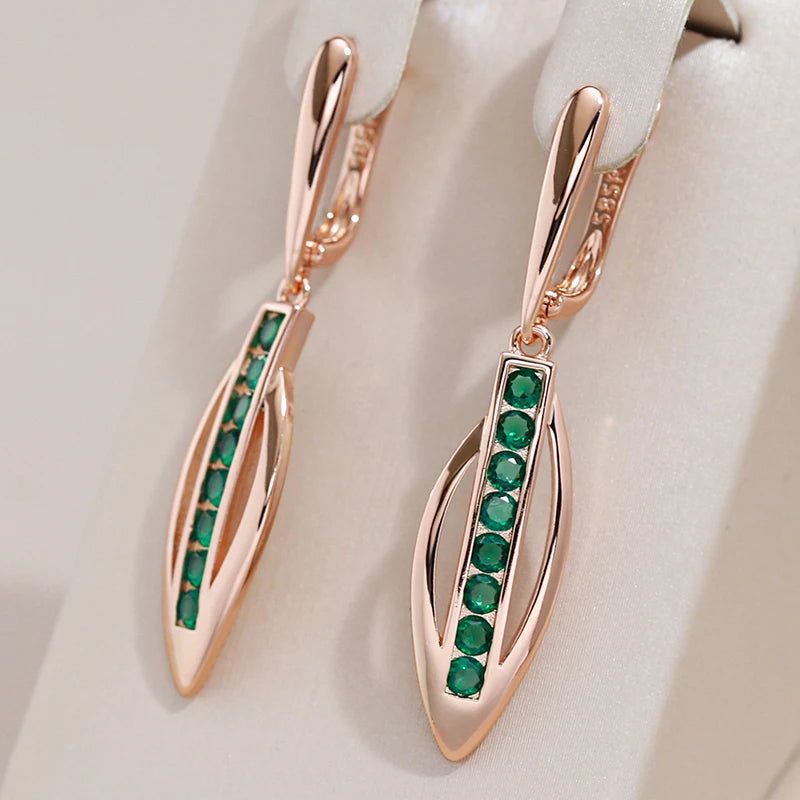 Graceful 585 Rose Gold Long Dangle Earrings with Radiant Green Natural Zircon for Modern Sophistication