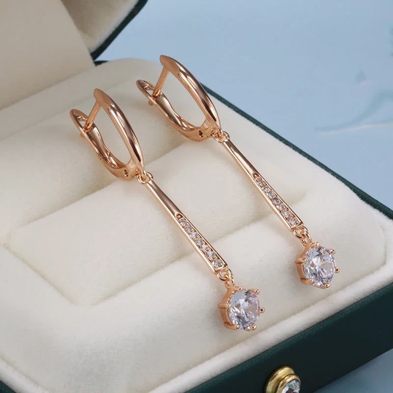 Graceful 585 Rose Gold Long Dangle Earrings with Round White Natural Zircon - Luxury Fashion Jewelry