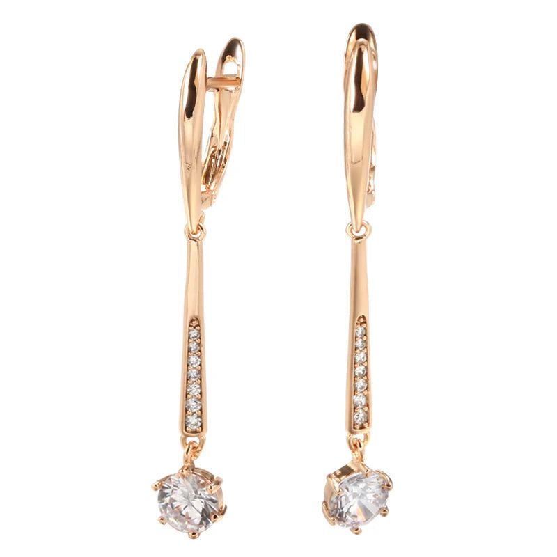 Graceful 585 Rose Gold Long Dangle Earrings with Round White Natural Zircon - Luxury Fashion Jewelry