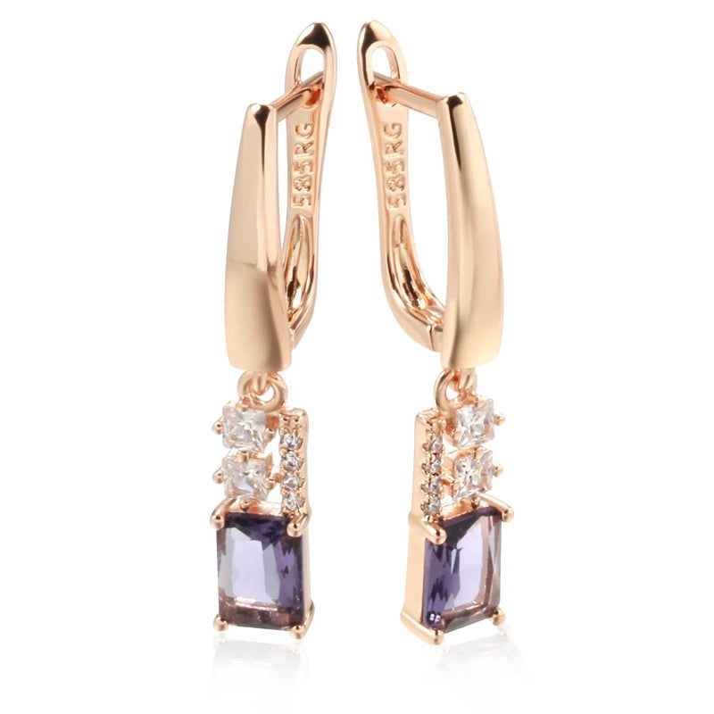 Graceful 585 Rose Gold Long Dangle Earrings with Square Purple Natural Zircon