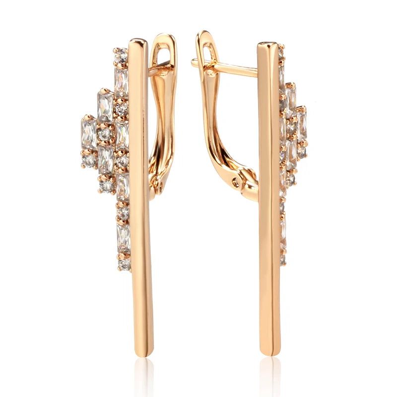 Graceful 585 Rose Gold Long Dangle Earrings with Unique Geometric Design and Natural Zircon