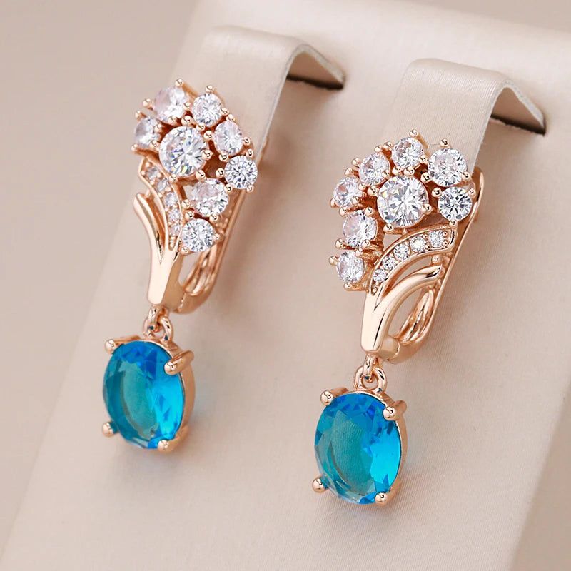 Graceful 585 Rose Gold Long Drop Earrings with Blue Natural Zircon – Vintage Chic Jewelry