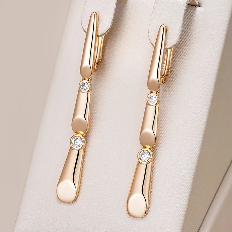 Graceful 585 Rose Gold Long Drop Earrings with Glossy Metal Links and Natural Zircon