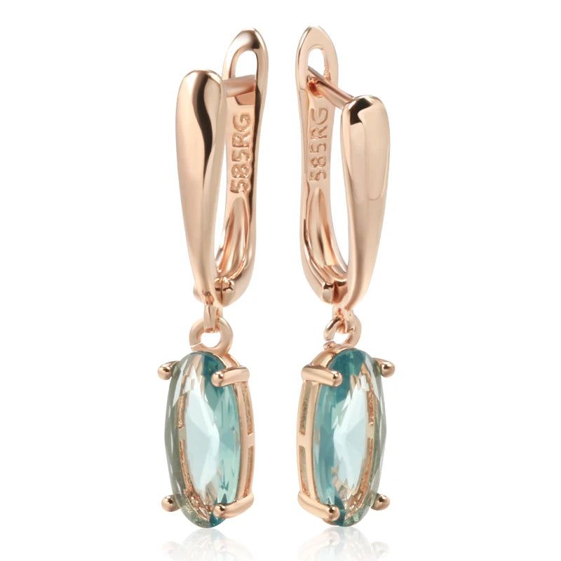 Graceful 585 Rose Gold Long Drop Earrings with Luxurious Green Natural Zircon