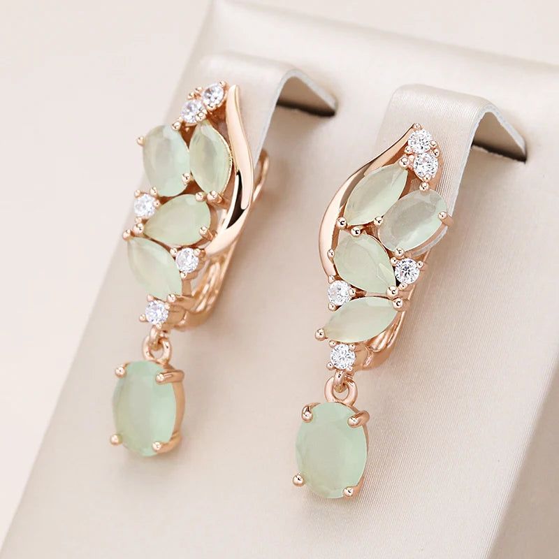 Graceful 585 Rose Gold Long Drop Earrings with Luxury Green Natural Zircon Flower Design