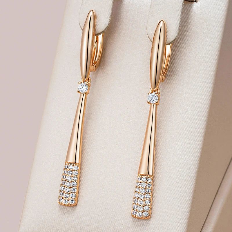 Graceful 585 Rose Gold Long Drop Earrings with Natural Zircon - Trendy Geometric Jewelry