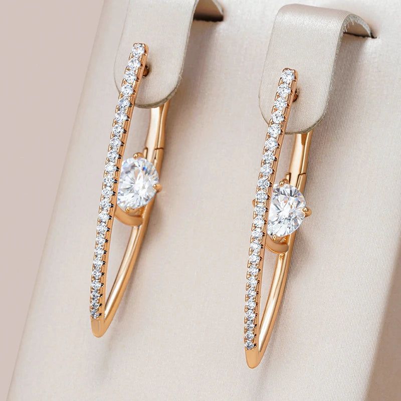 Graceful 585 Rose Gold Long Drop Earrings with Natural Zircon in V Shape Design