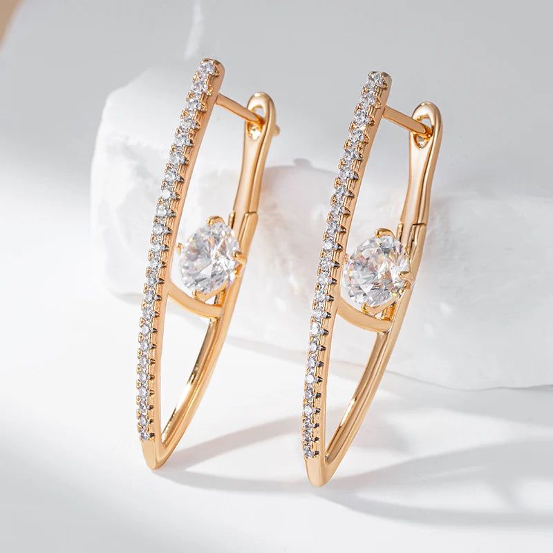 Graceful 585 Rose Gold Long Drop Earrings with Natural Zircon in V Shape Design