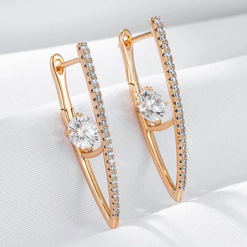 Graceful 585 Rose Gold Long Drop Earrings with Natural Zircon in V Shape Design