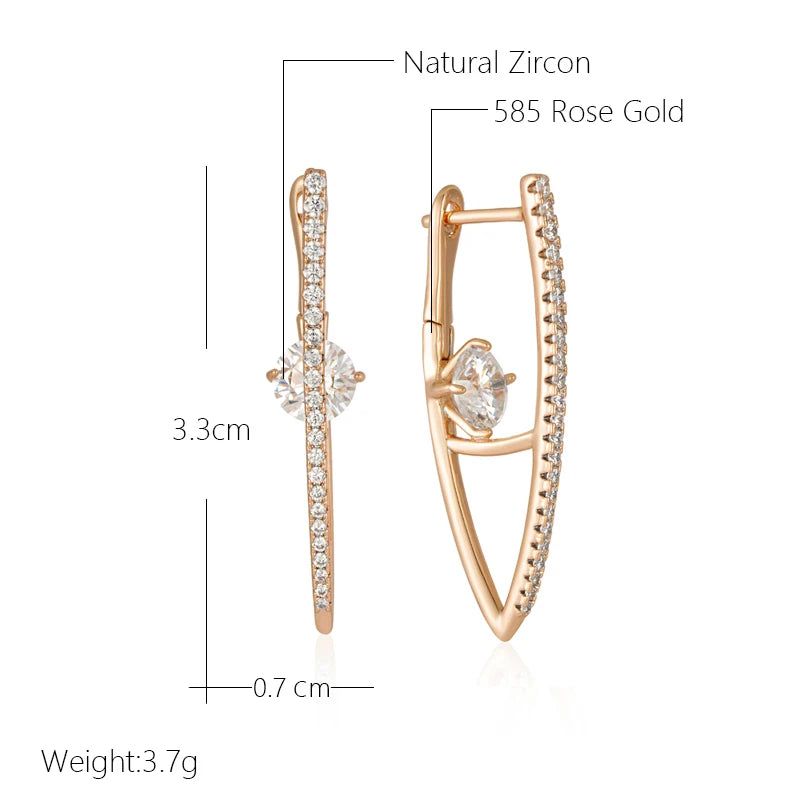 Graceful 585 Rose Gold Long Drop Earrings with Natural Zircon in V Shape Design