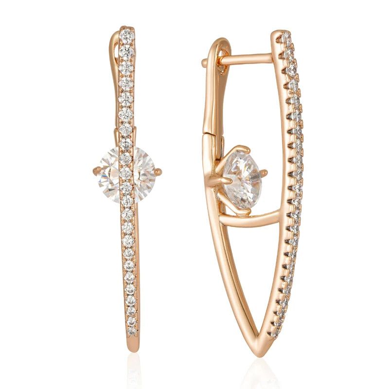 Graceful 585 Rose Gold Long Drop Earrings with Natural Zircon in V Shape Design