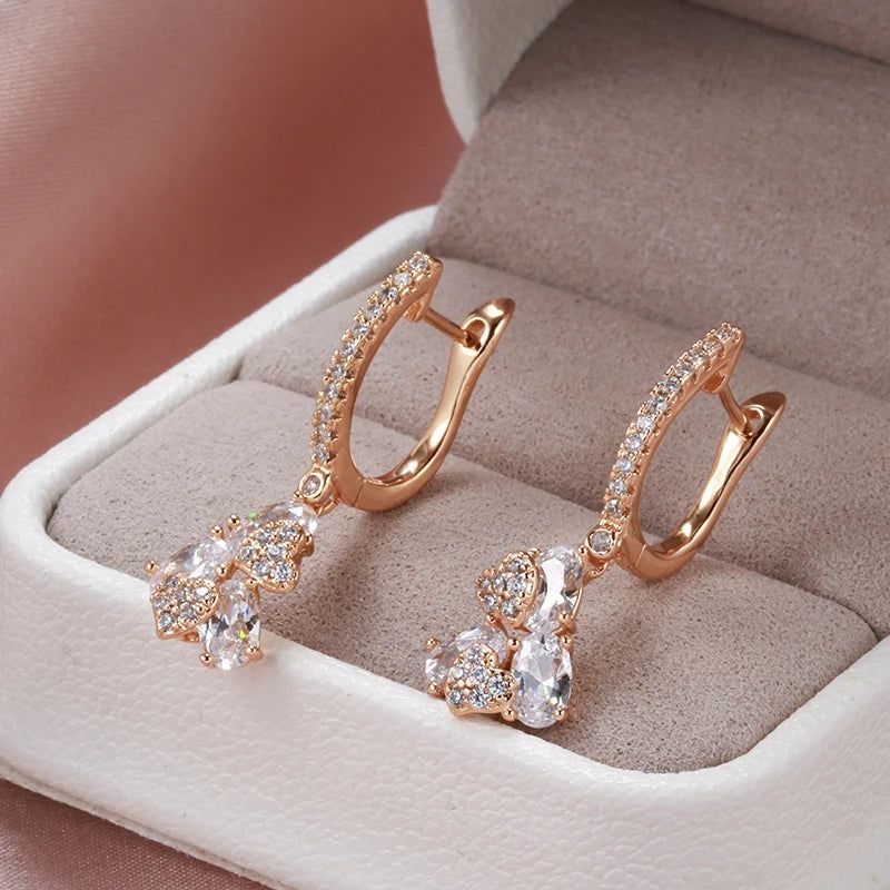 Graceful 585 Rose Gold Long Drop Earrings with Unique Micro-Wax Inlay and Natural Zircon Stones