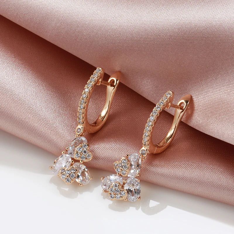 Graceful 585 Rose Gold Long Drop Earrings with Unique Micro-Wax Inlay and Natural Zircon Stones