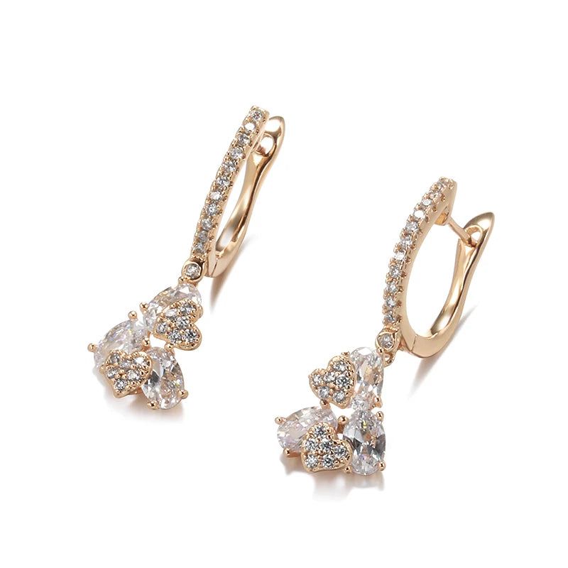 Graceful 585 Rose Gold Long Drop Earrings with Unique Micro-Wax Inlay and Natural Zircon Stones