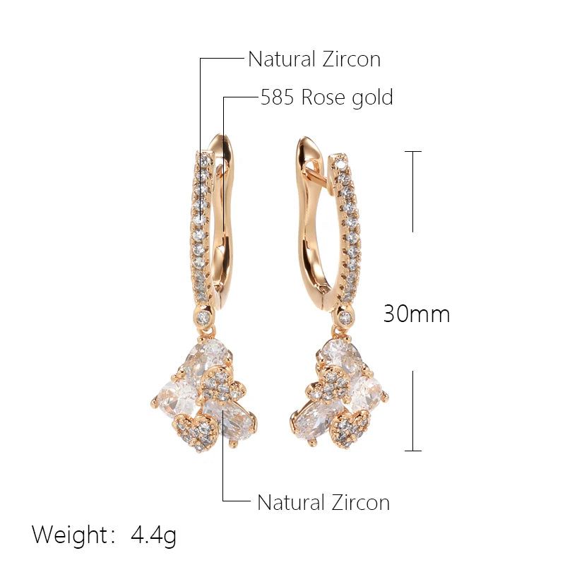 Graceful 585 Rose Gold Long Drop Earrings with Unique Micro-Wax Inlay and Natural Zircon Stones