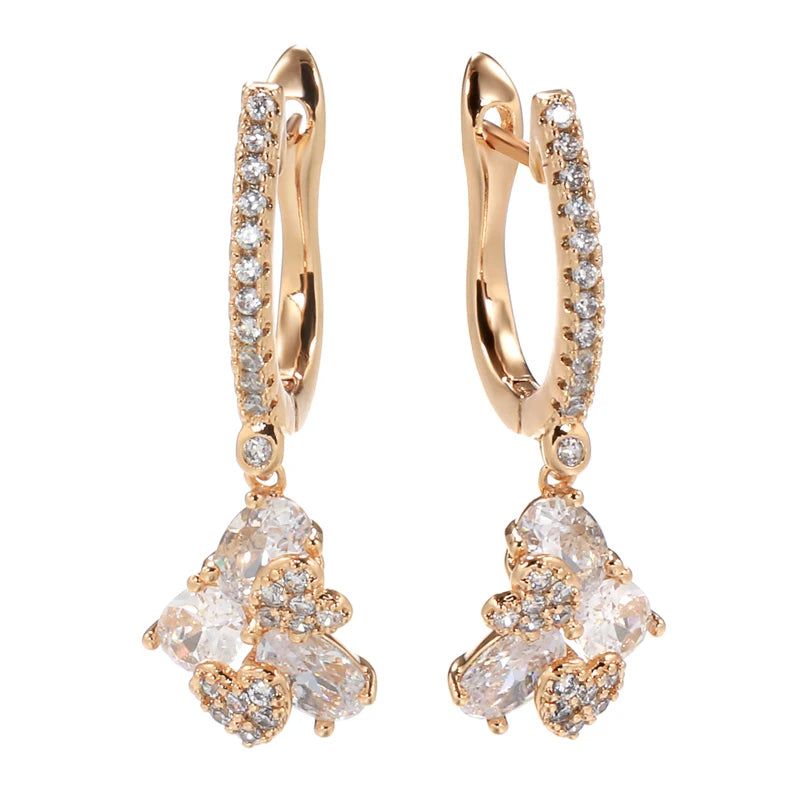 Graceful 585 Rose Gold Long Drop Earrings with Unique Micro-Wax Inlay and Natural Zircon Stones