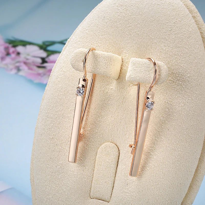 Graceful 585 Rose Gold Long Stick Earrings with Natural Zircon Accents