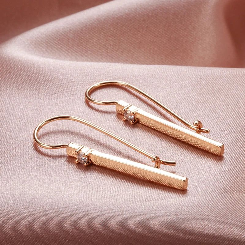 Graceful 585 Rose Gold Long Stick Earrings with Natural Zircon Accents