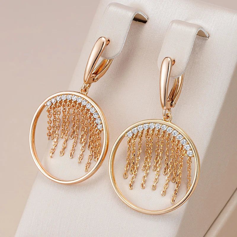 Graceful 585 Rose Gold Long Tassel Dangle Earrings with Natural Zircon - Unique Luxury Jewelry