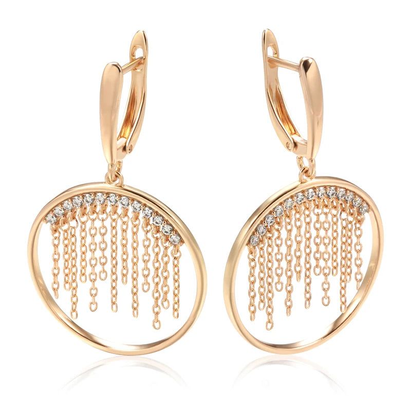 Graceful 585 Rose Gold Long Tassel Dangle Earrings with Natural Zircon - Unique Luxury Jewelry