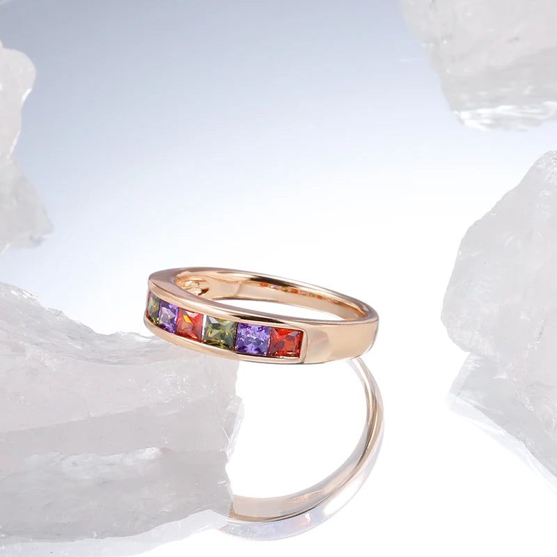 Graceful 585 Rose Gold Multicolor Zircon Bridal Ring - Luxury Fashion Jewelry