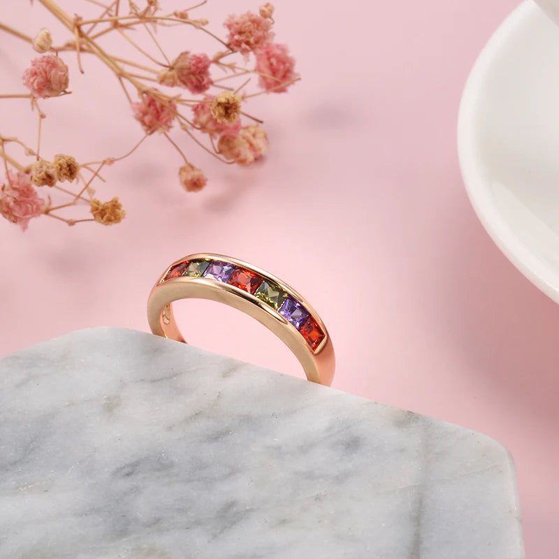 Graceful 585 Rose Gold Multicolor Zircon Bridal Ring - Luxury Fashion Jewelry