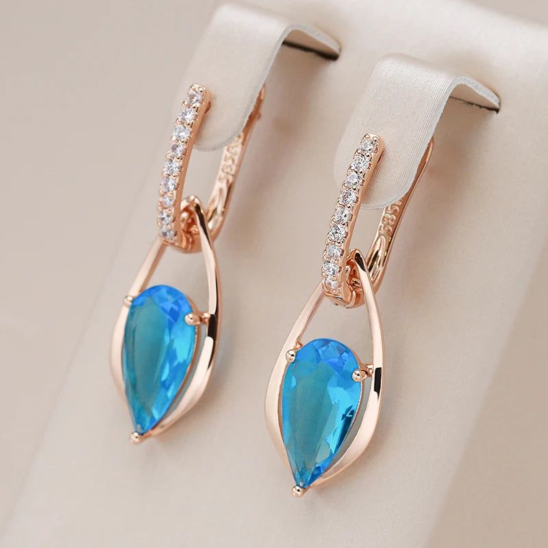 Graceful Rose Gold Plated Long Drop Earrings with Blue Natural Zircon