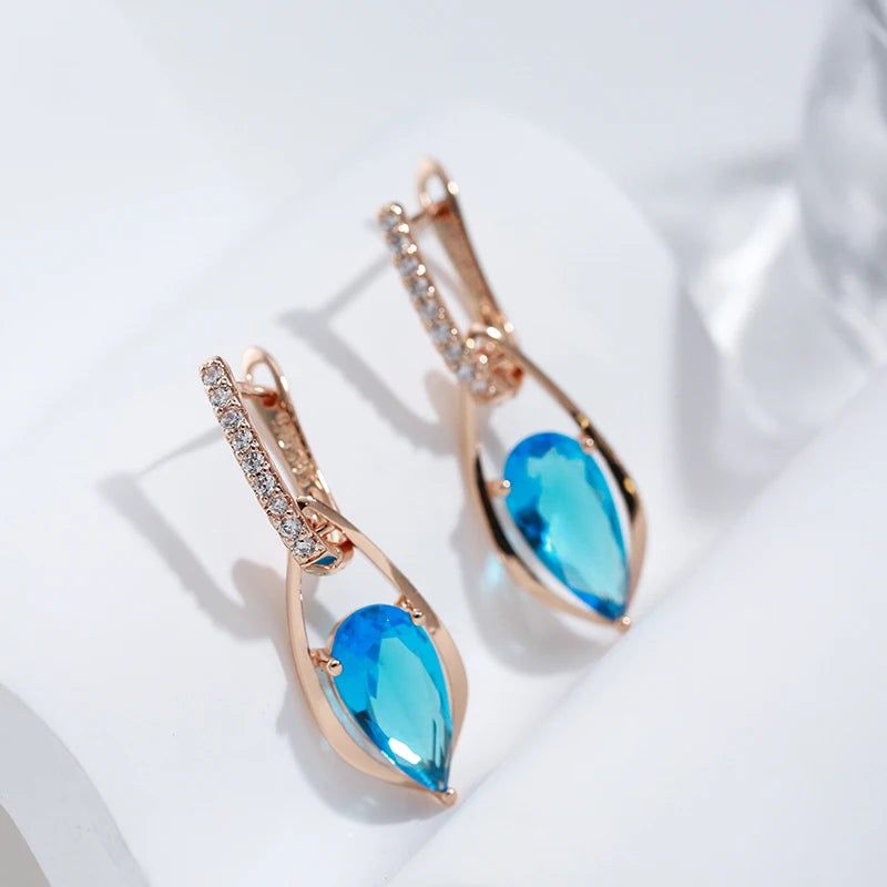 Graceful Rose Gold Plated Long Drop Earrings with Blue Natural Zircon