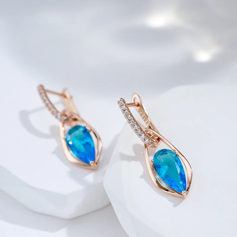 Graceful Rose Gold Plated Long Drop Earrings with Blue Natural Zircon