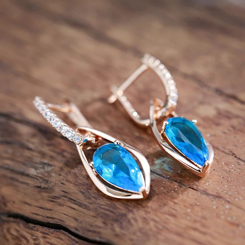 Graceful Rose Gold Plated Long Drop Earrings with Blue Natural Zircon