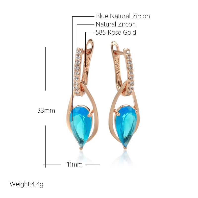 Graceful Rose Gold Plated Long Drop Earrings with Blue Natural Zircon